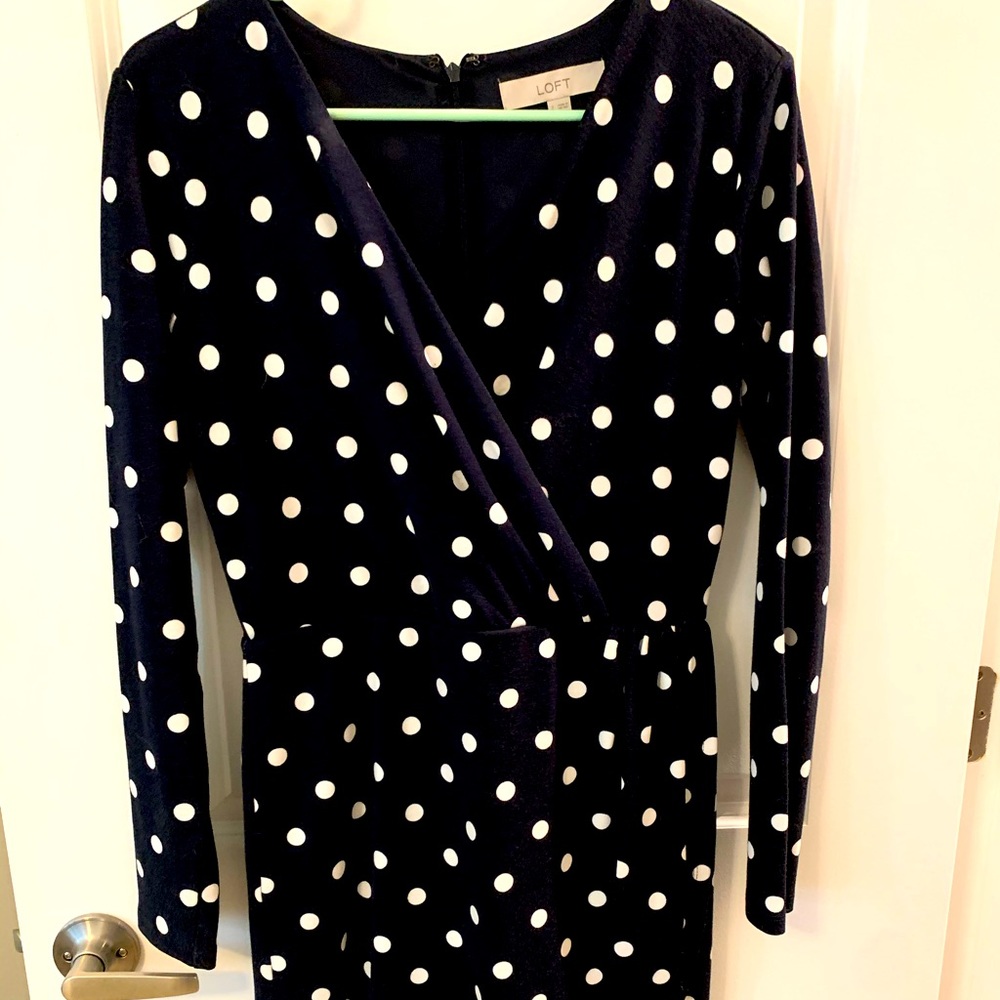 Navy and White Polka Dot Wrap Dress LOFT Size 2